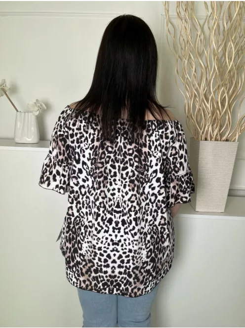 Quiz (L) Fehér Barna-Fekete Foltmintás Ejtett Gumis Vállú, Fodros Ujjvégű Felső