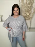 Urban Mist (L) Fehér Fekete Csíkos, Mellnél Átlapolt Derékban Megkötős, Tölcsér Ujjú, 80% Pamut Felső