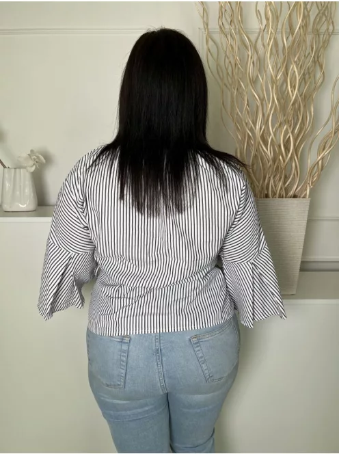 Urban Mist (L) Fehér Fekete Csíkos, Mellnél Átlapolt Derékban Megkötős, Tölcsér Ujjú, 80% Pamut Felső