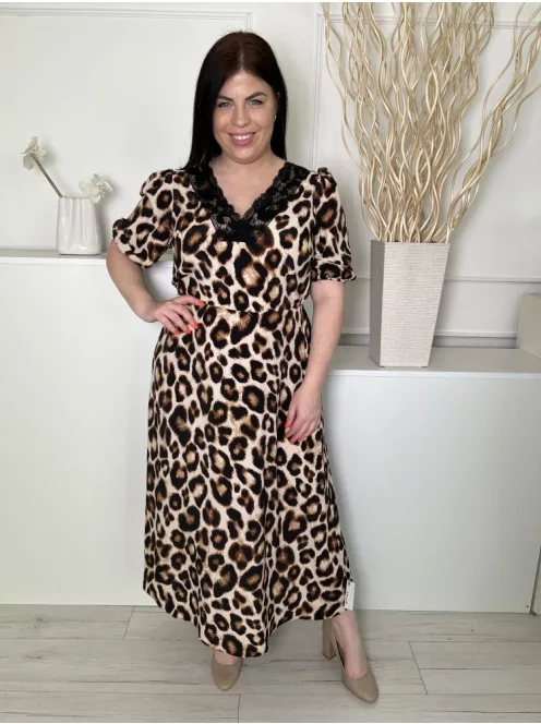 F&F (M) Sárgásbarna Fekete Foltmintás, Felül Csipkeszegélyes Derékban Szabott, Gumis Ujjvégű Ruha