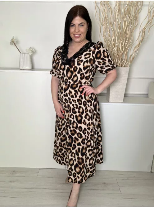 F&F (M) Sárgásbarna Fekete Foltmintás, Felül Csipkeszegélyes Derékban Szabott, Gumis Ujjvégű Ruha