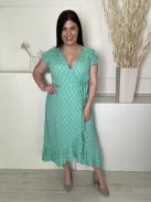 Per Una (L) Világoszöld Rózsaszín-Fehér Mintás Oldalt Cipzáros, Díszlapolású, Oldalt Megkötős Ruha