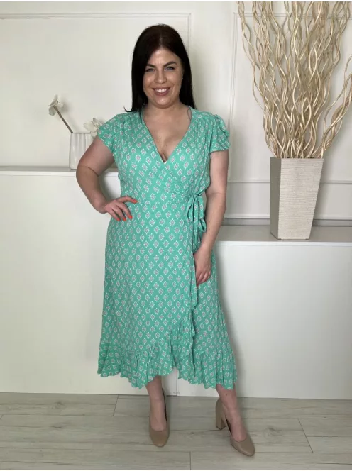 Per Una (L) Világoszöld Rózsaszín-Fehér Mintás Oldalt Cipzáros, Díszlapolású, Oldalt Megkötős Ruha