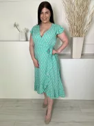 Per Una (L) Világoszöld Rózsaszín-Fehér Mintás Oldalt Cipzáros, Díszlapolású, Oldalt Megkötős Ruha