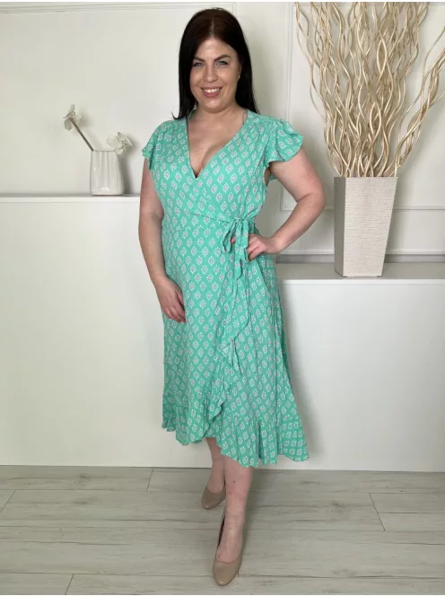 Per Una (L) Világoszöld Rózsaszín-Fehér Mintás Oldalt Cipzáros, Díszlapolású, Oldalt Megkötős Ruha