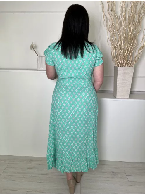 Per Una (L) Világoszöld Rózsaszín-Fehér Mintás Oldalt Cipzáros, Díszlapolású, Oldalt Megkötős Ruha