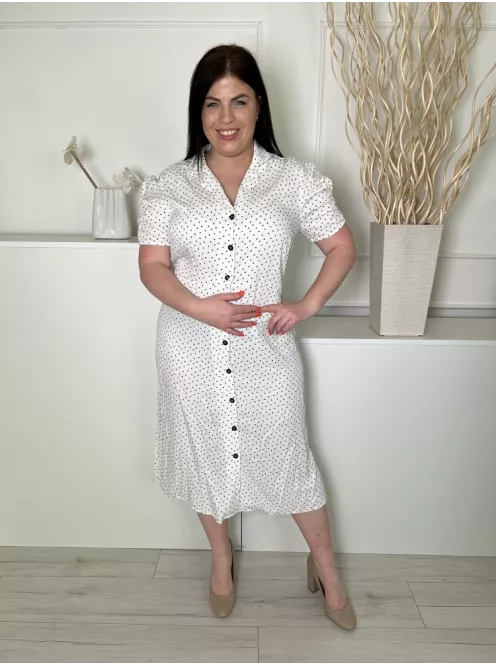 TU (L) Fehér Fekete Pöttyös, Elől Végig Gombos Buggyos Vállú Ruha