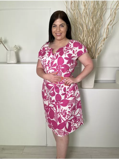 Boden (L) Fehér Pink Mintás, Derékban Szabott Oldalt Cipzáros, Zsebes, 100% Len Ruha