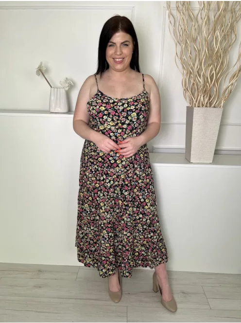 New Look (L) Fekete Apró Színes Virágos, Pántos Fodros Aljú Ruha