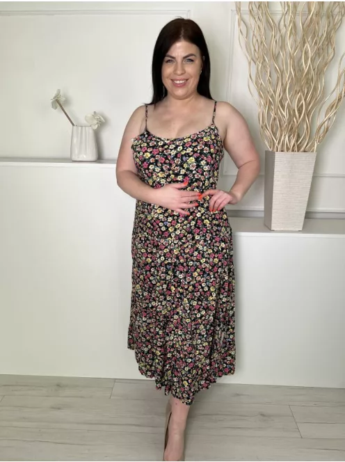 New Look (L) Fekete Apró Színes Virágos, Pántos Fodros Aljú Ruha