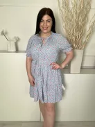 M&S (L) Halványkék Apró Mintás, Nyakban Megköthető Mellnél Gombos, Derékban Megkötős Ruha