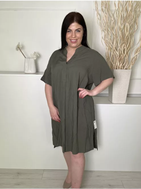 ÚJ H&M (XL) Khaki Mellnél Díszhajtásos Bőfazonú, Oldalt Sliccelt Ruha