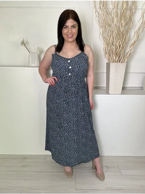 Shein (L) Sötétkék Apró Virágos, Mellnél Díszgombos Pántos Ruha