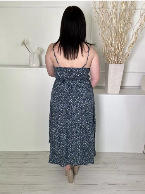 Shein (L) Sötétkék Apró Virágos, Mellnél Díszgombos Pántos Ruha