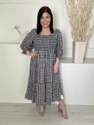 M&S (L) Sötétkék-Fehér Kockás, Buggyos Ujjú, 55% Len Felül Darázsolt, Fodros Aljú Ruha