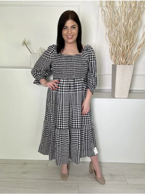 M&S (L) Sötétkék-Fehér Kockás, Buggyos Ujjú, 55% Len Felül Darázsolt, Fodros Aljú Ruha