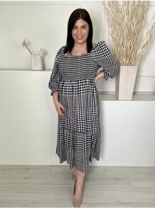 M&S (L) Sötétkék-Fehér Kockás, Buggyos Ujjú, 55% Len Felül Darázsolt, Fodros Aljú Ruha