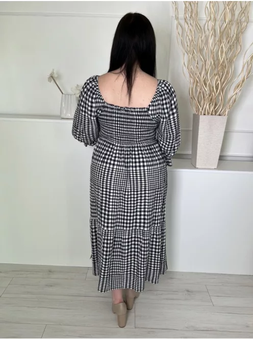 M&S (L) Sötétkék-Fehér Kockás, Buggyos Ujjú, 55% Len Felül Darázsolt, Fodros Aljú Ruha