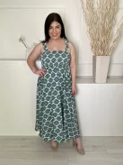  (L) Fehér Zöld Mintás, Felül Darázsolt Fodros Pántú Ruha