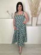  (L) Fehér Zöld Mintás, Felül Darázsolt Fodros Pántú Ruha