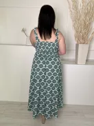  (L) Fehér Zöld Mintás, Felül Darázsolt Fodros Pántú Ruha