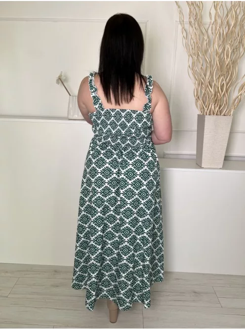  (L) Fehér Zöld Mintás, Felül Darázsolt Fodros Pántú Ruha