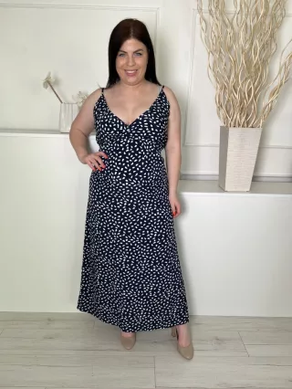    (L) Sötétkék Fehér Foltmintás, Pántos Derékban Megkötős, Oldalt Sliccelt Ruha