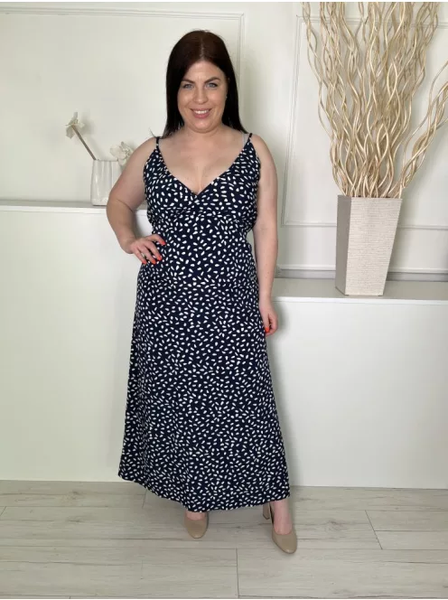  (L) Sötétkék Fehér Foltmintás, Pántos Derékban Megkötős, Oldalt Sliccelt Ruha