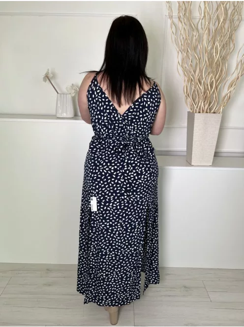  (L) Sötétkék Fehér Foltmintás, Pántos Derékban Megkötős, Oldalt Sliccelt Ruha