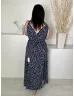    (L) Sötétkék Fehér Foltmintás, Pántos Derékban Megkötős, Oldalt Sliccelt Ruha
