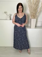  (L) Sötétkék Fehér Foltmintás, Pántos Derékban Megkötős, Oldalt Sliccelt Ruha