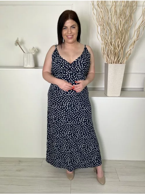  (L) Sötétkék Fehér Foltmintás, Pántos Derékban Megkötős, Oldalt Sliccelt Ruha