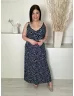    (L) Sötétkék Fehér Foltmintás, Pántos Derékban Megkötős, Oldalt Sliccelt Ruha