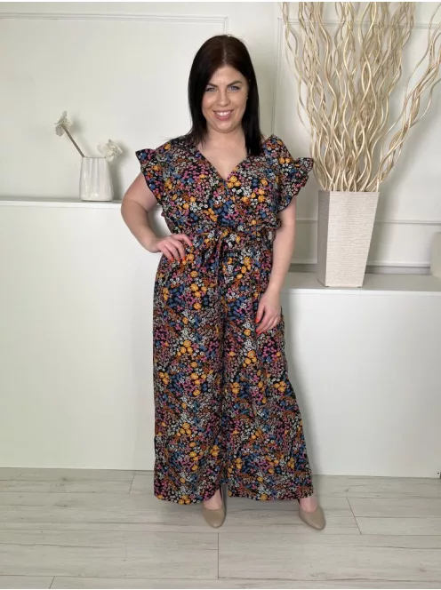 Shein (L) Fekete Apró Színes Virágos, Fodros Szegélyes Hátul Nyakban Gombos Overál