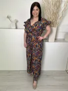 Shein (L) Fekete Apró Színes Virágos, Fodros Szegélyes Hátul Nyakban Gombos Overál