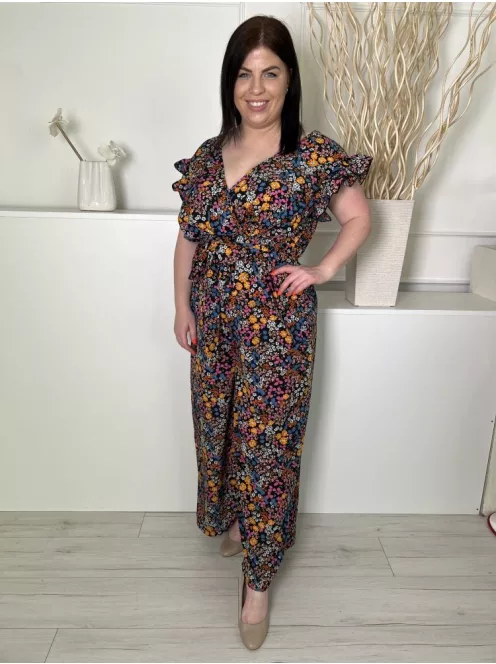 Shein (L) Fekete Apró Színes Virágos, Fodros Szegélyes Hátul Nyakban Gombos Overál