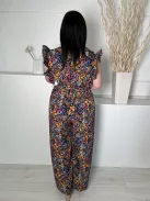 Shein (L) Fekete Apró Színes Virágos, Fodros Szegélyes Hátul Nyakban Gombos Overál