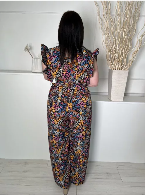 Shein (L) Fekete Apró Színes Virágos, Fodros Szegélyes Hátul Nyakban Gombos Overál