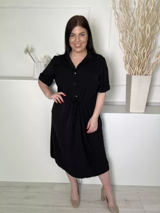    (L) Fekete Mellnél Gombos, Derékban Összehúzható Megkötős, Felvarrt Ujjvégű Ruha