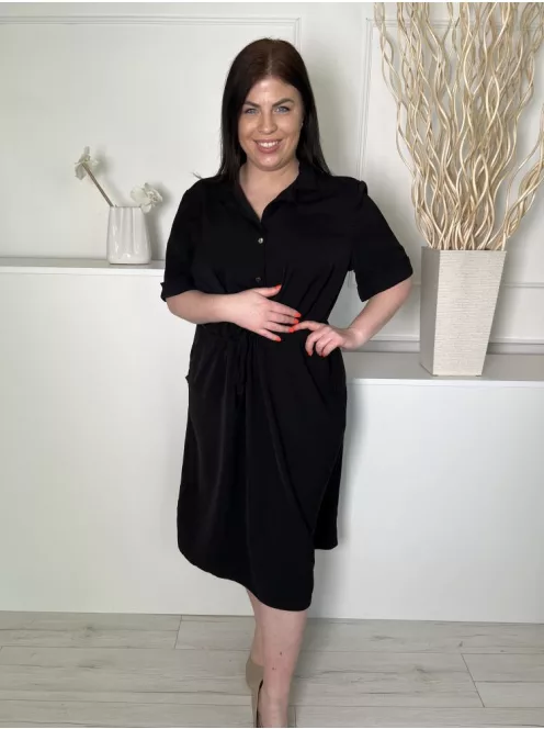  (L) Fekete Mellnél Gombos, Derékban Összehúzható Megkötős, Felvarrt Ujjvégű Ruha