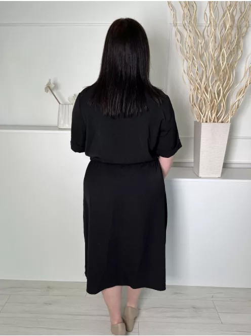  (L) Fekete Mellnél Gombos, Derékban Összehúzható Megkötős, Felvarrt Ujjvégű Ruha