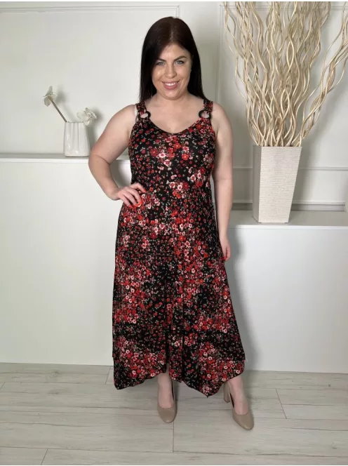  (L) Fekete Apró Piros Virágos, Díszkarika Pántos Aszimmetrikus Aljú Ruha