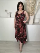  (L) Fekete Apró Piros Virágos, Díszkarika Pántos Aszimmetrikus Aljú Ruha