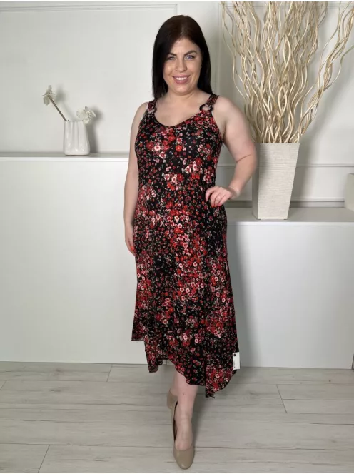  (L) Fekete Apró Piros Virágos, Díszkarika Pántos Aszimmetrikus Aljú Ruha