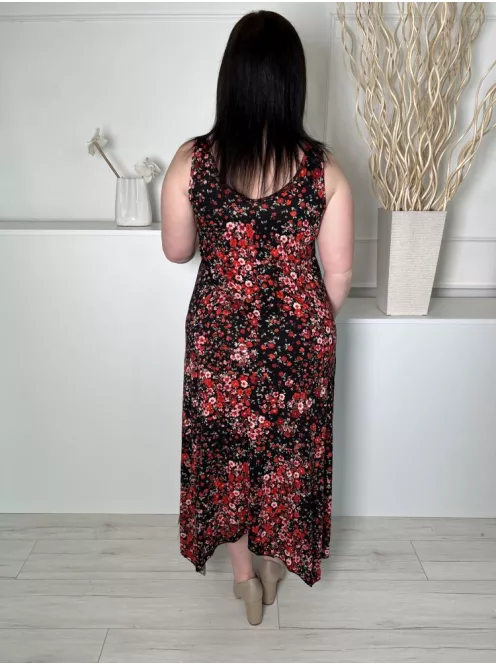  (L) Fekete Apró Piros Virágos, Díszkarika Pántos Aszimmetrikus Aljú Ruha