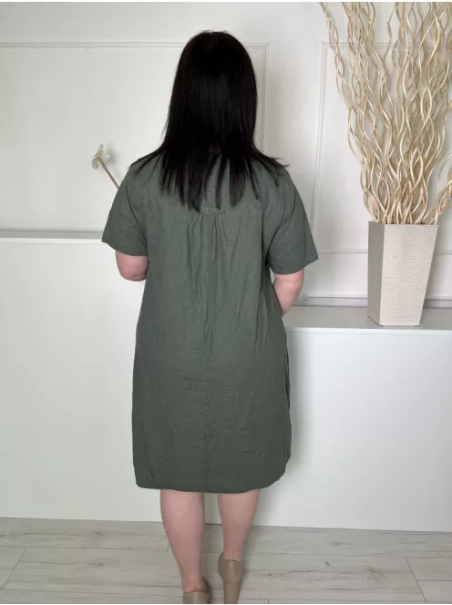 Next (L) Khaki Mellnél Patentos, 55% Len Alapanyagú Bőfazonú, Zsebes Ruha