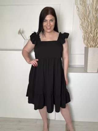   Shein (L) Fekete Fodros Pántos, Anyagában Mintás Derékban Szabott, Fodros Aljú Ruha