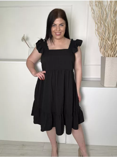 Shein (L) Fekete Fodros Pántos, Anyagában Mintás Derékban Szabott, Fodros Aljú Ruha