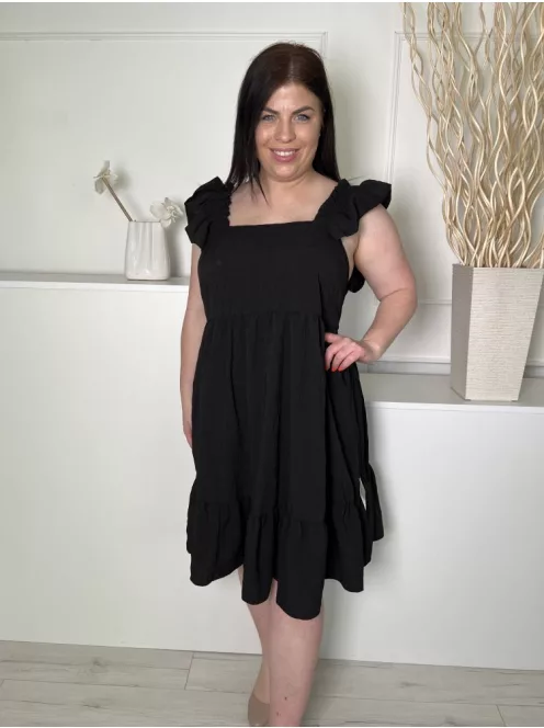 Shein (L) Fekete Fodros Pántos, Anyagában Mintás Derékban Szabott, Fodros Aljú Ruha