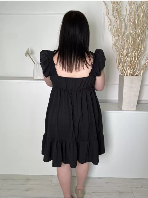 Shein (L) Fekete Fodros Pántos, Anyagában Mintás Derékban Szabott, Fodros Aljú Ruha